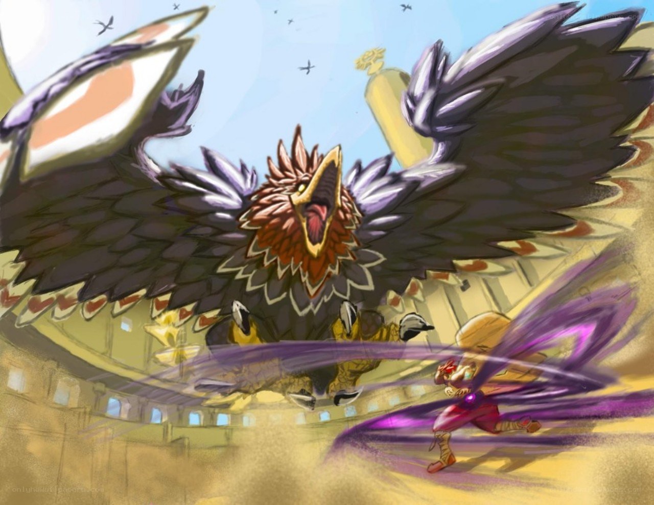Hero battles giant bird monster