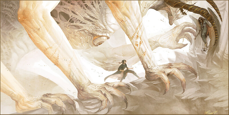 Hero battles giant creature