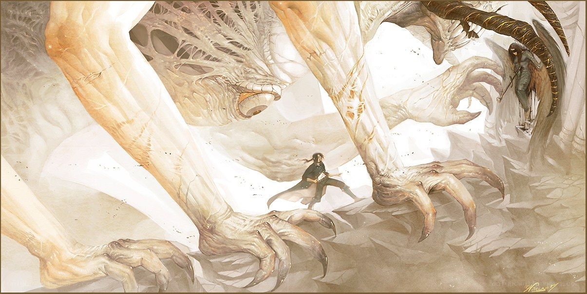 Hero battles giant creature
