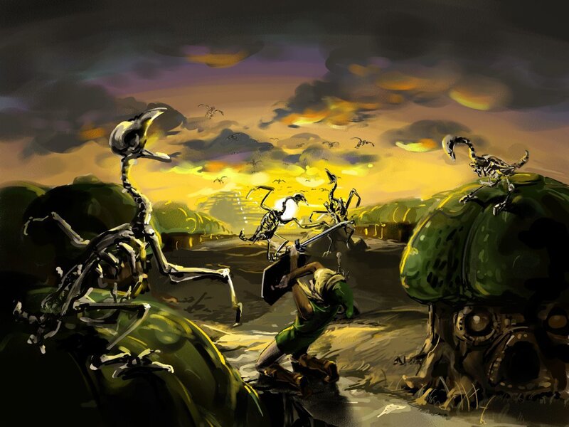Hero battles skeletal birds