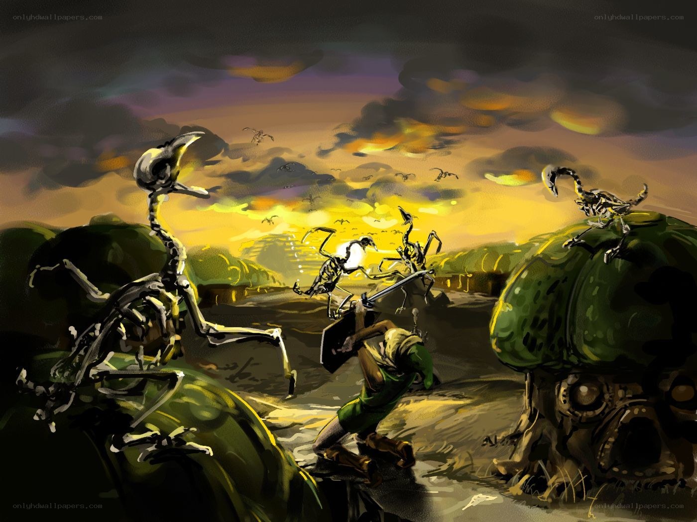 Hero battles skeletal birds