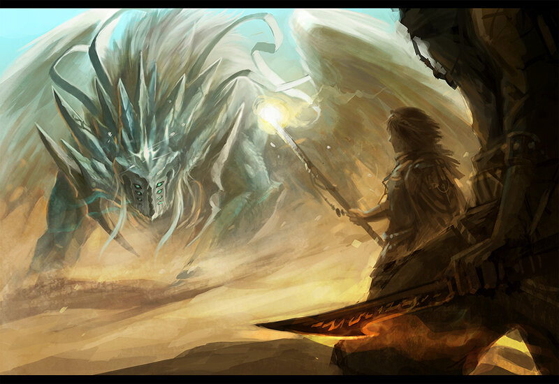 Hero confronts a dragon