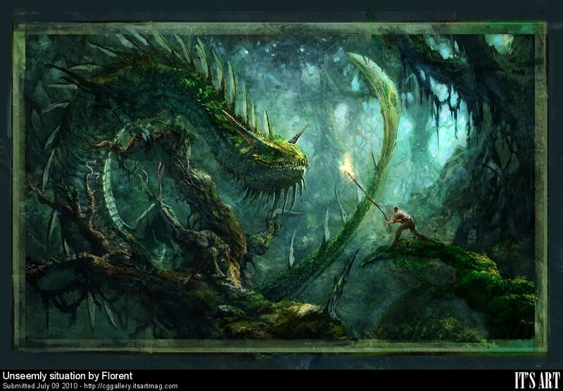 Hero confronts a forest dragon