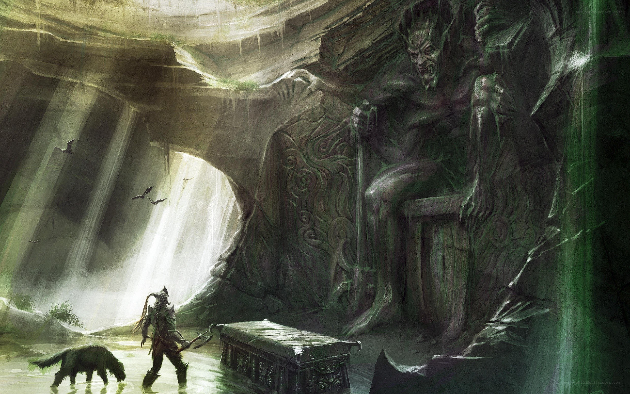 Hero confronts a giant in a cave