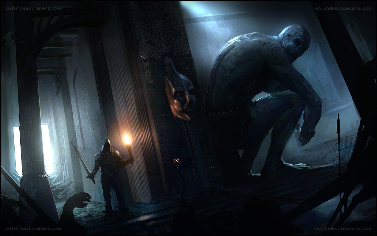 Hero confronts a giant monster