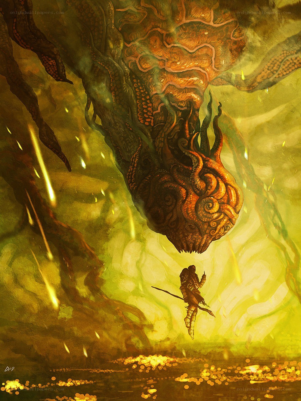 Hero confronts a giant sea monster