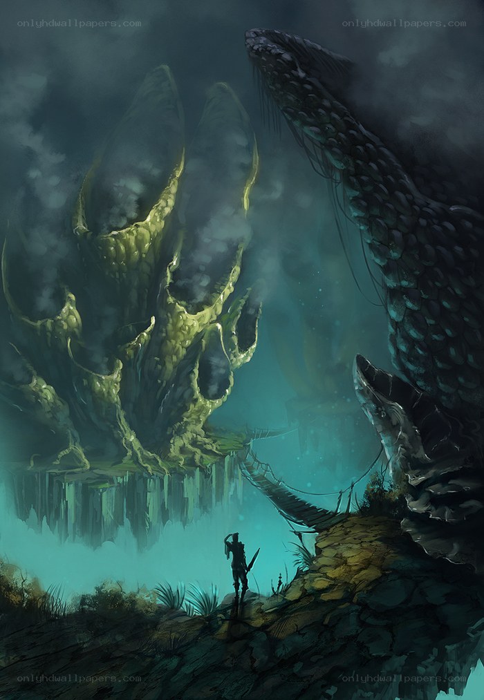 Hero faces a colossal serpent