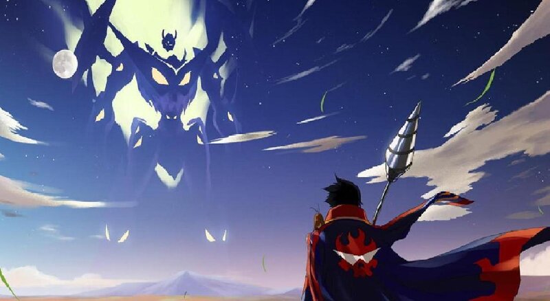 Hero faces a giant monster