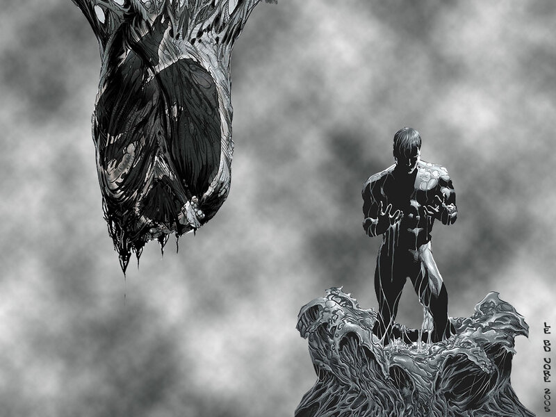 hero facing monstrous entity