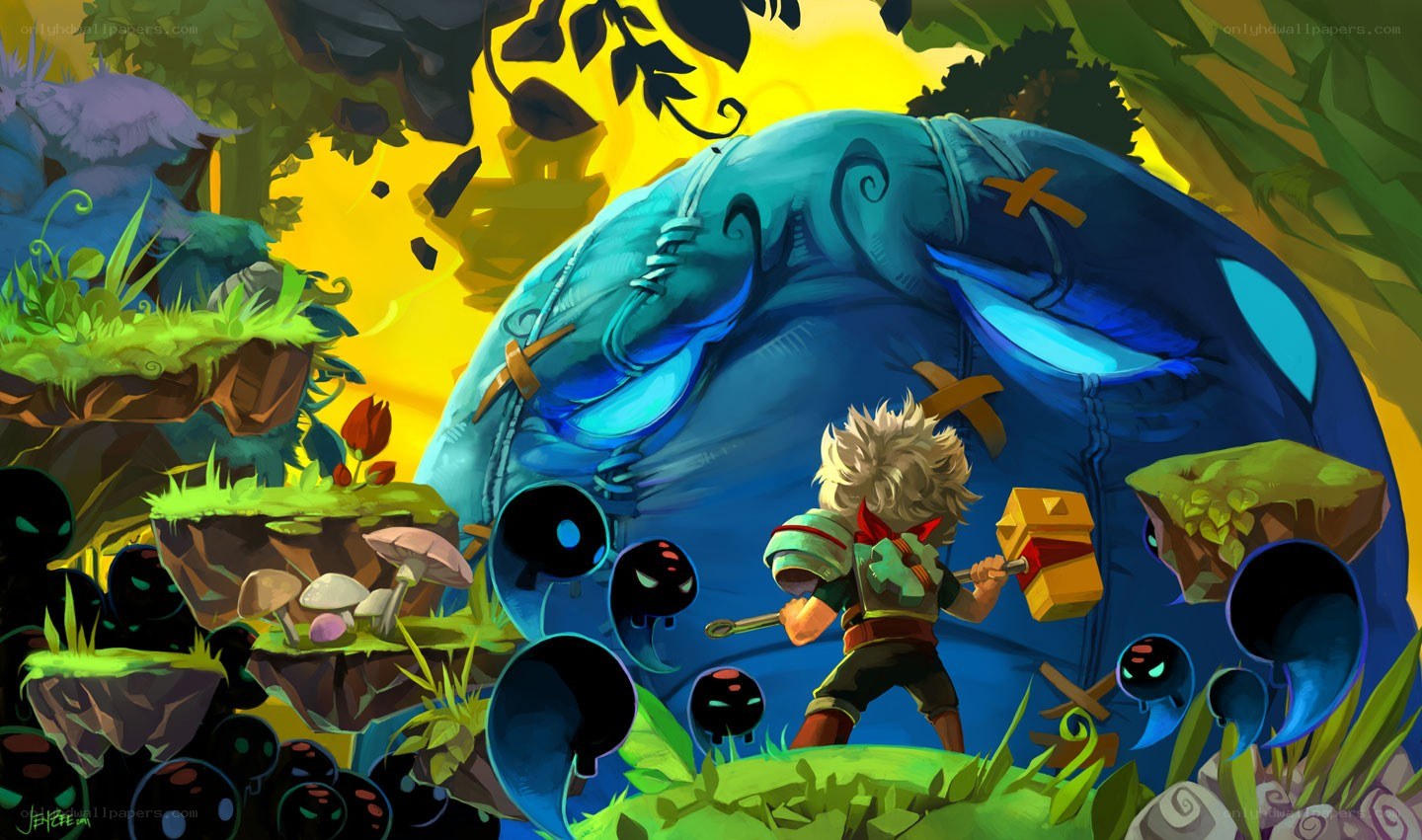 Hero fighting a giant blue creature