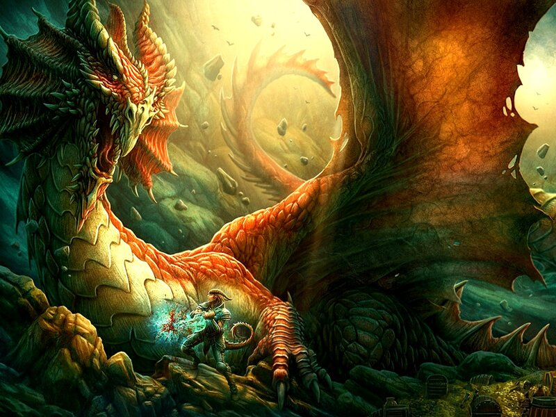 Hero fights a giant dragon