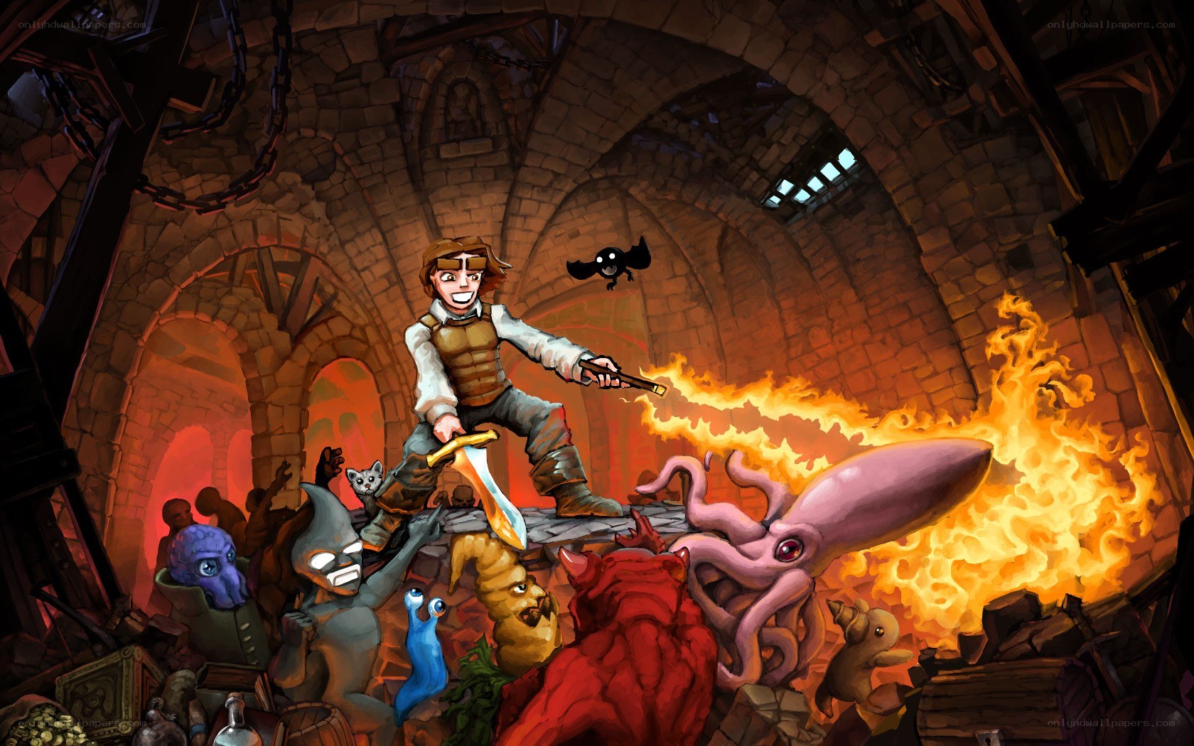 Hero fights monsters in dungeon