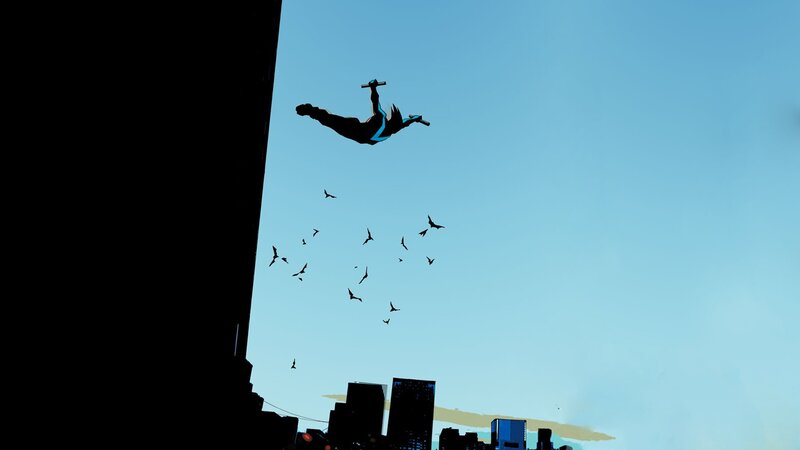 hero flying over city