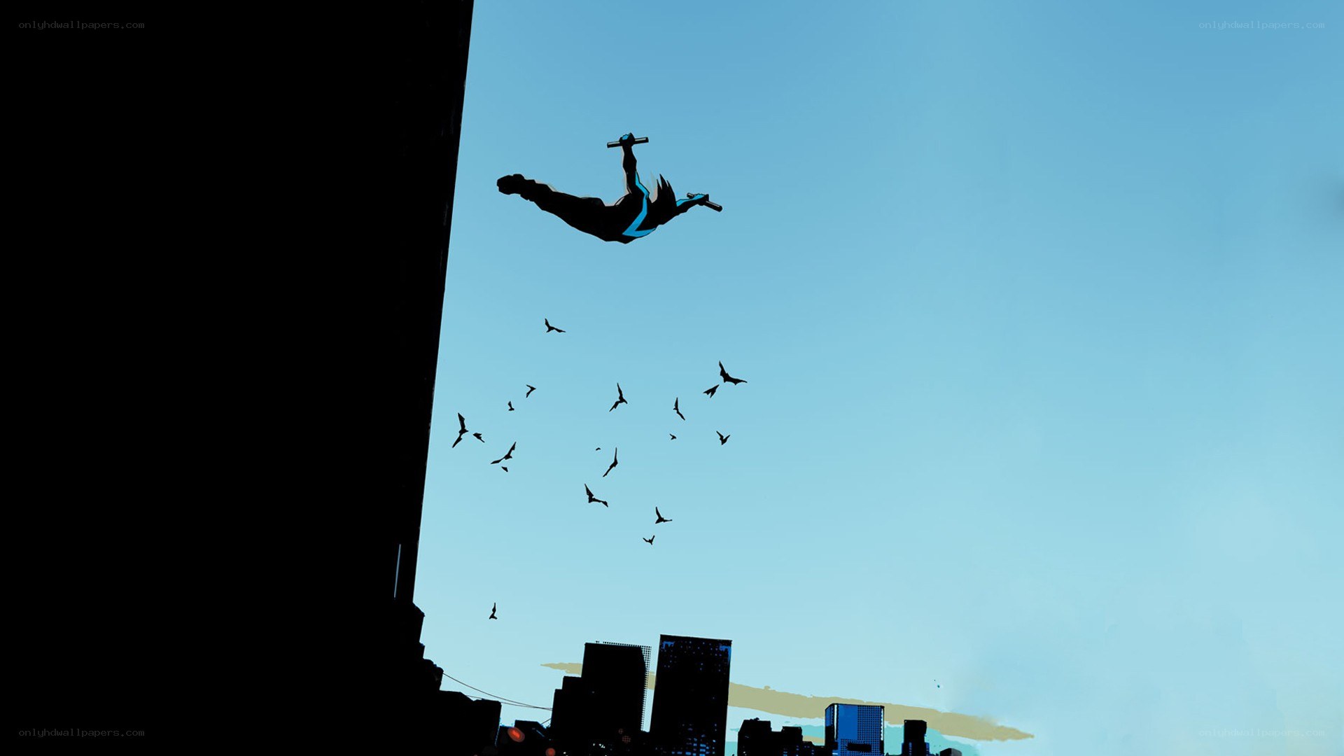 hero flying over city