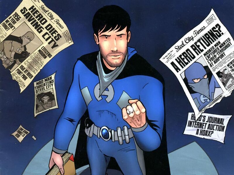 Hero in blue suit with newspapers