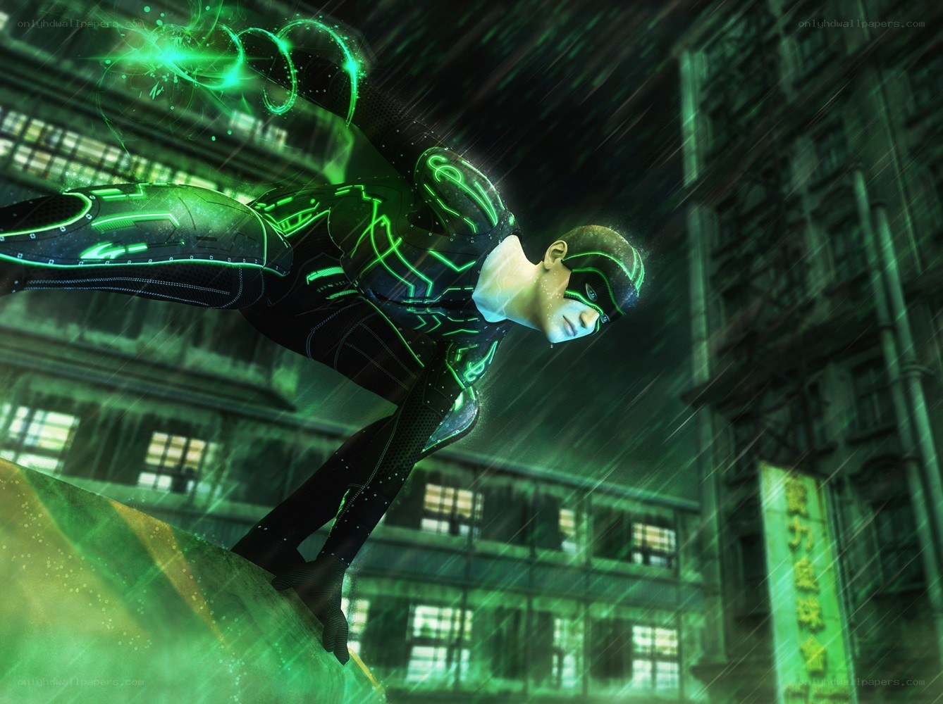 hero in green suit flying