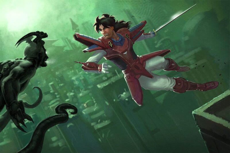 Hero in red armor fights monster