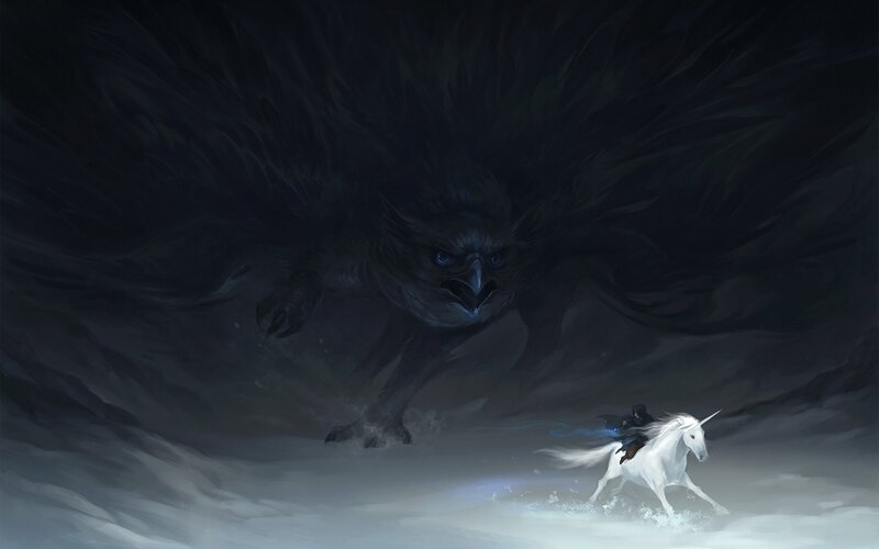 Hero on a white horse facing a giant bird