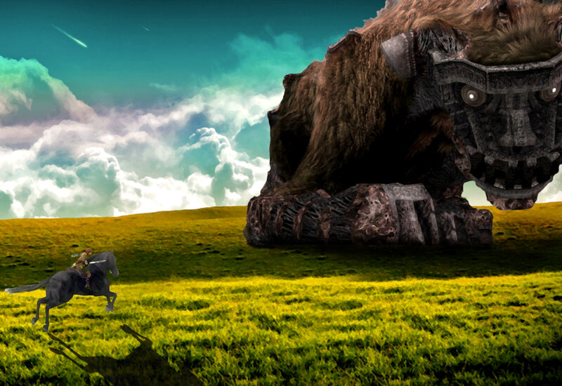 Hero on horseback facing giant beast