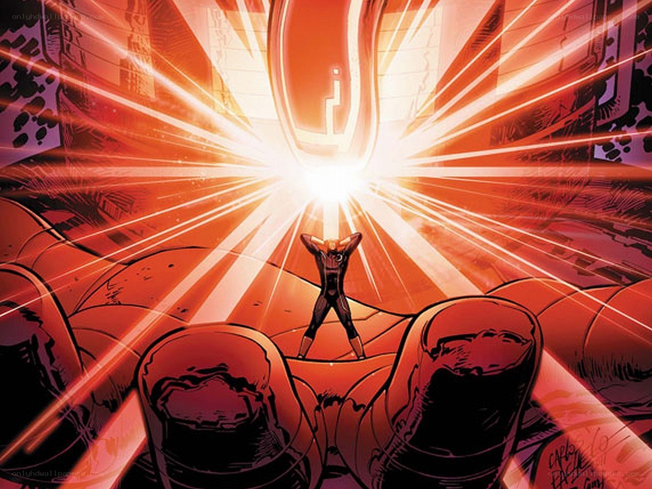 hero stands before energy blast