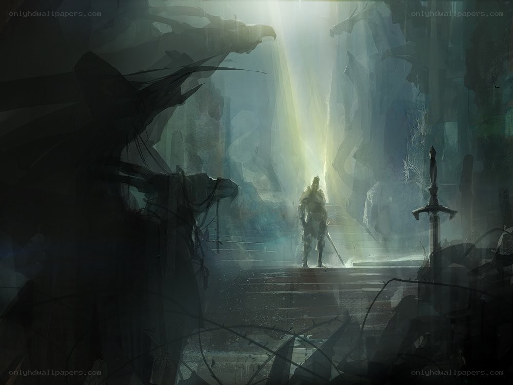 Hero stands in ancient ruin