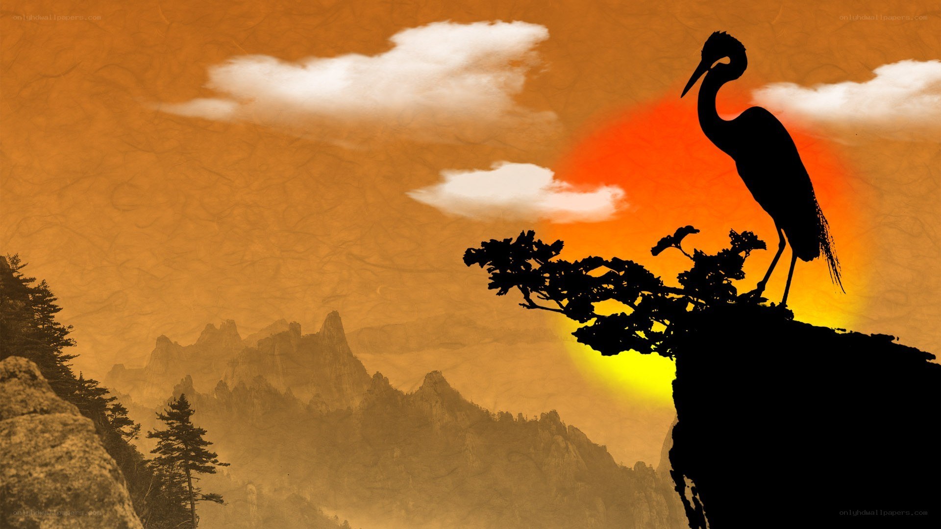 Heron at sunset on a cliff