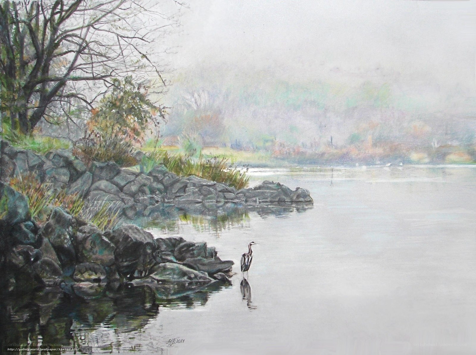 Heron by the misty river