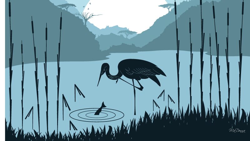 Heron Catching Fish — Blue