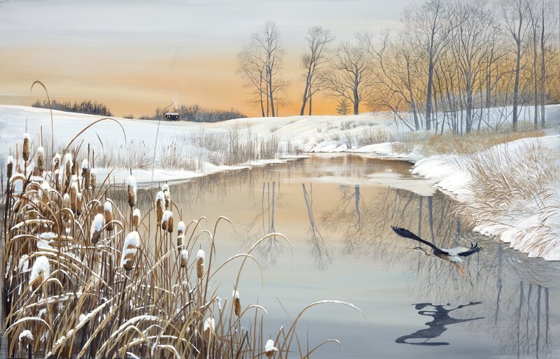 Heron Flying over Pond