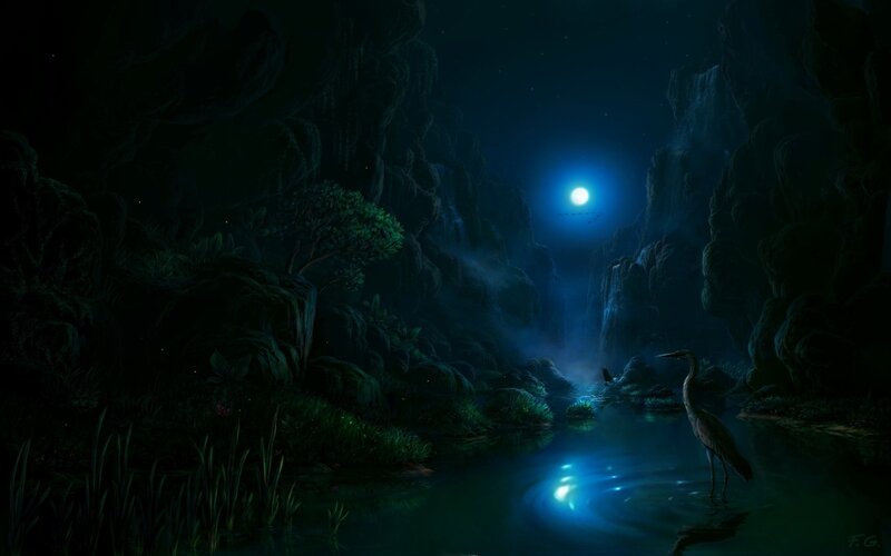 Heron in a River — Blue, Serene