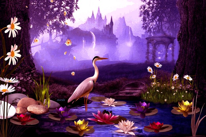 Heron in Pond — Purple