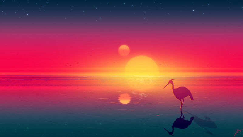 Heron Standing in Water — Red, Serene