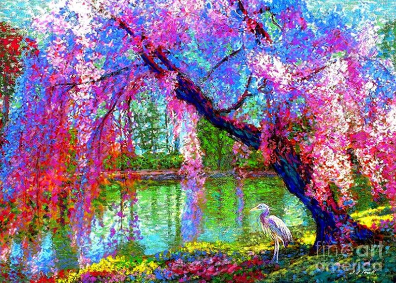 Heron under Flowering Tree