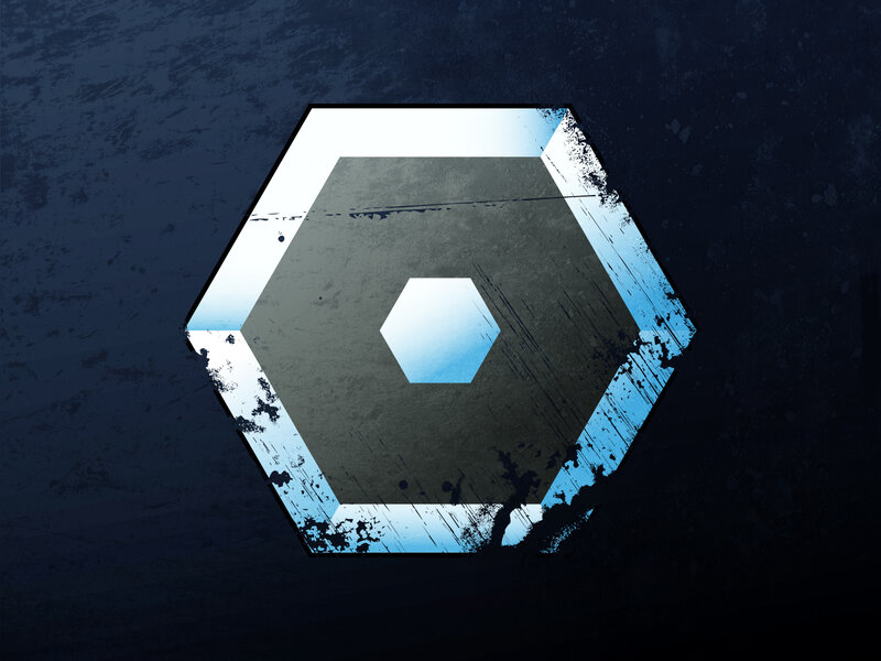 hexagon logo with blue gradient