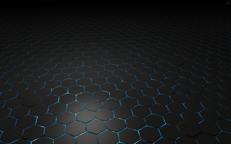 Hexagonal Grid Pattern — Black, Technological, Digital Art, Hexagons, Blue Light