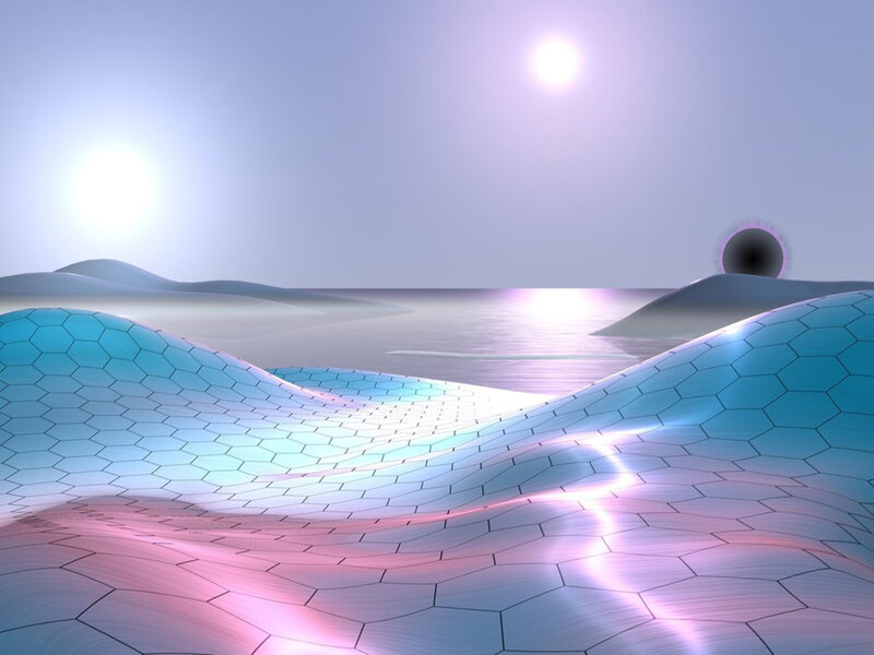 hexagonal landscape with celestial bodies