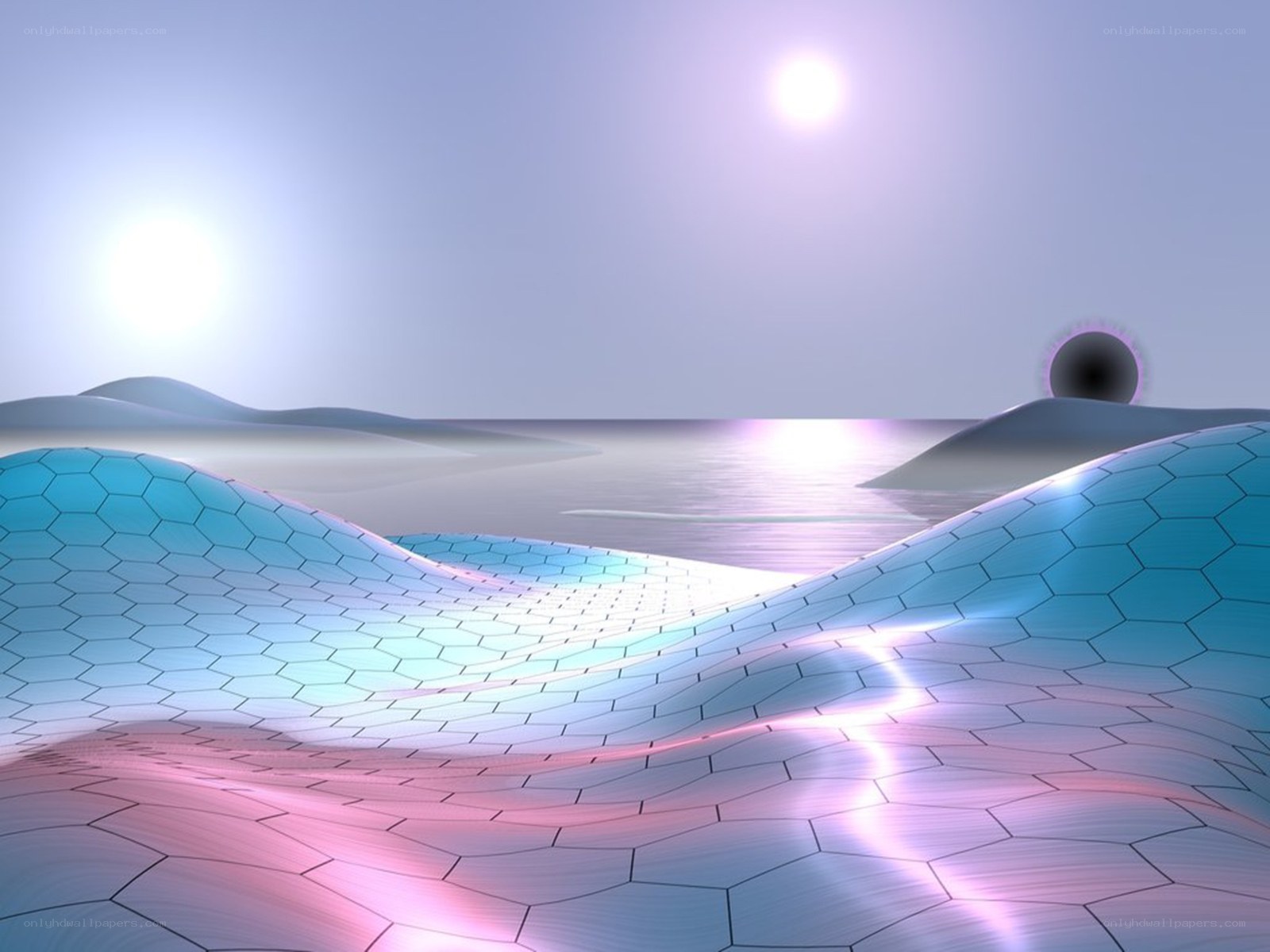 hexagonal landscape with celestial bodies