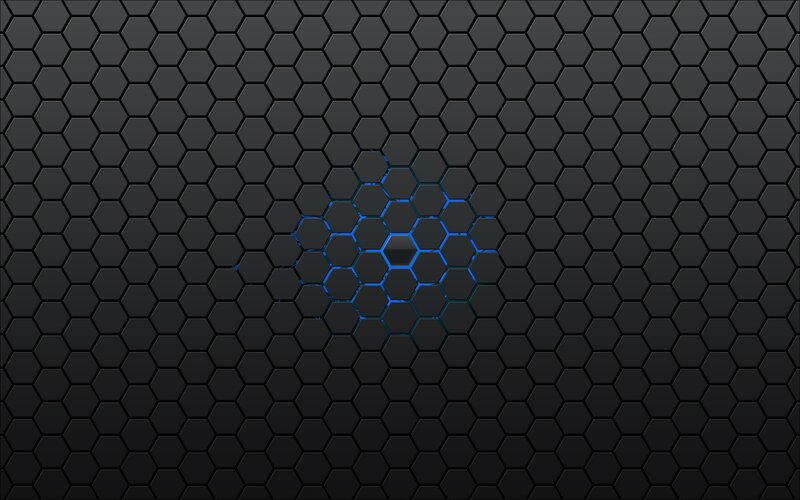 Hexagonal Pattern with Blue Glow — Black, Technological, Digital Art, Hexagons, Blue Light