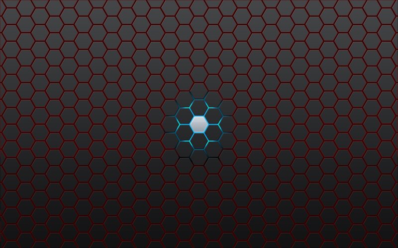 Hexagonal Pattern with Glowing Center — Black, Technological, Digital Art, Glowing Hexagon, Dark Background, Blue, Gray