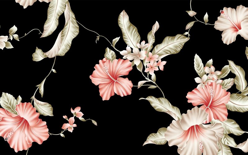 Hibiscus Flowers and Leaves — Black, Elegant