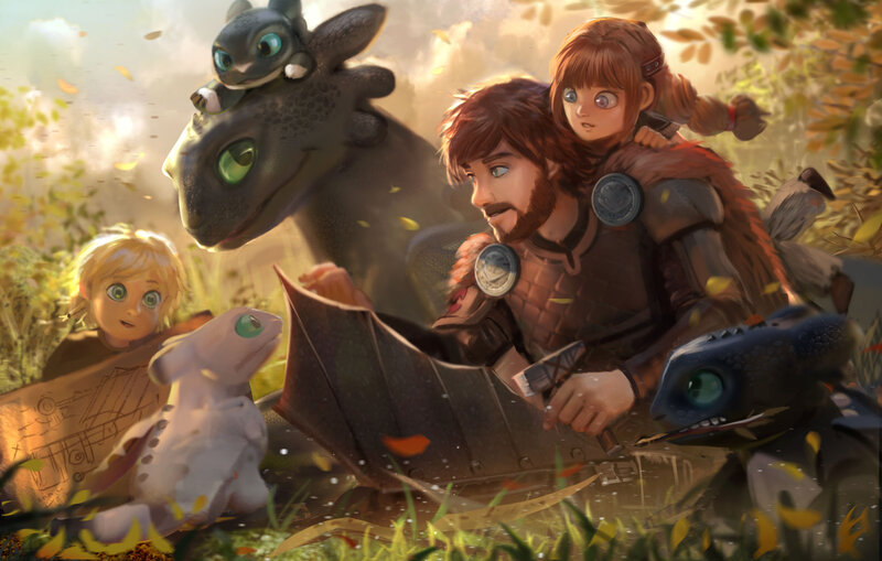 Hiccup and Astrid with Dragons