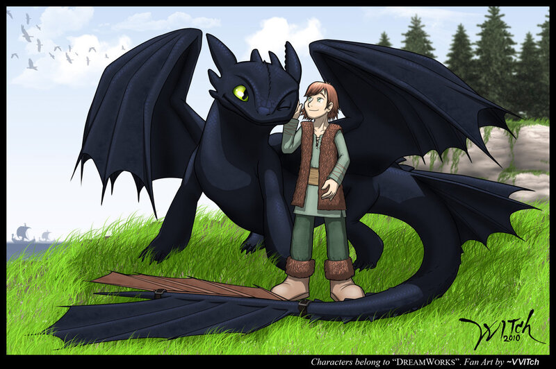 Hiccup and Toothless in the meadow