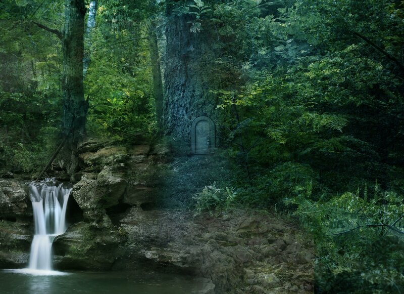 Hidden door in forest waterfall