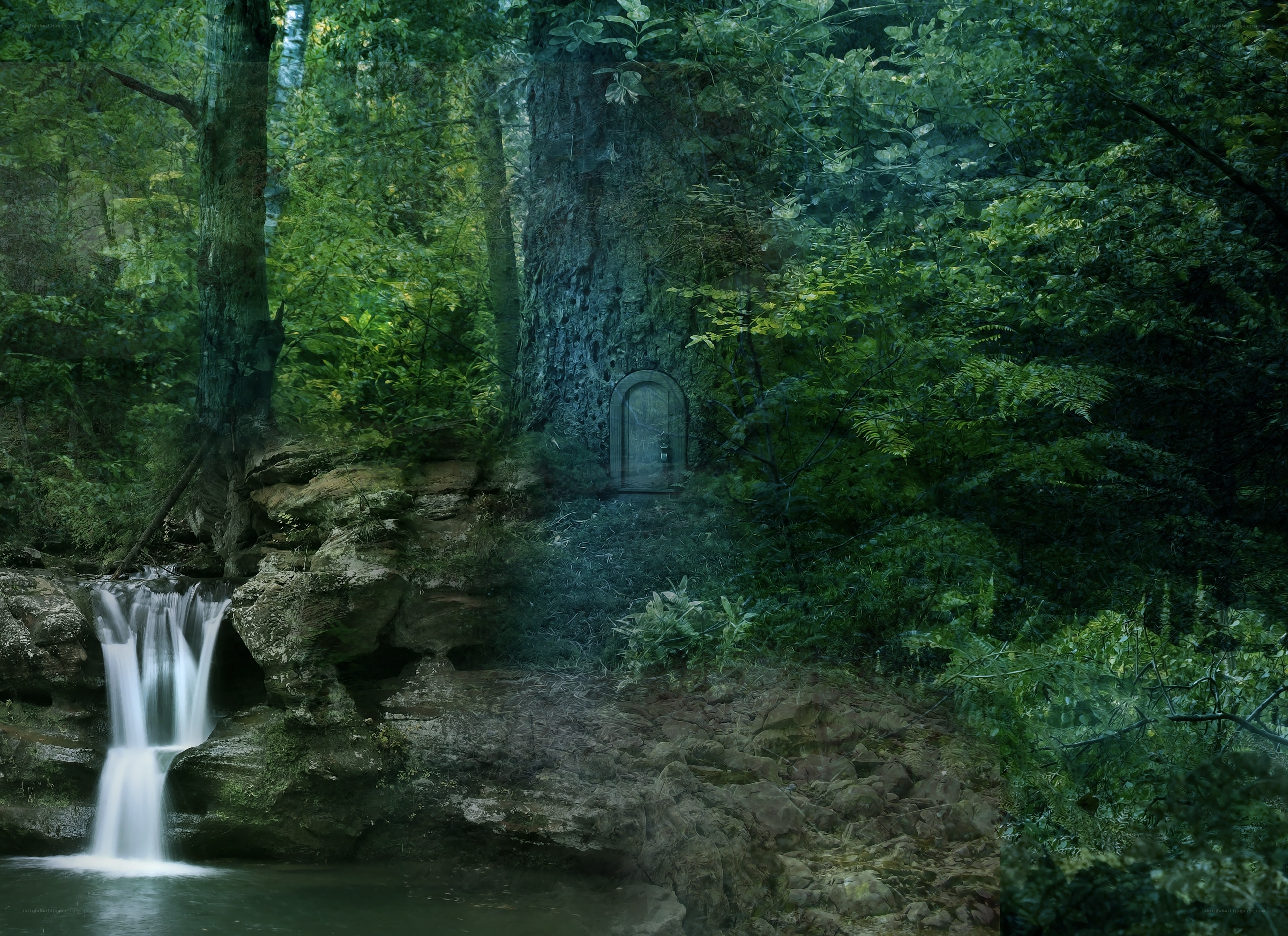 Hidden door in forest waterfall