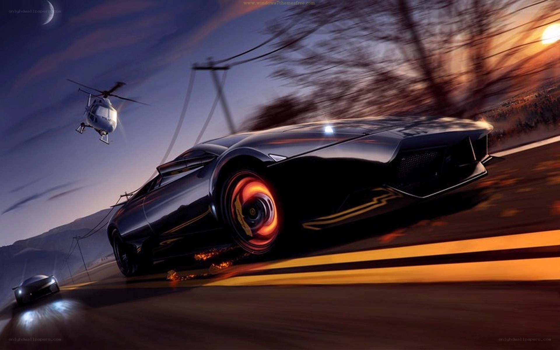 High-speed car chase at dusk