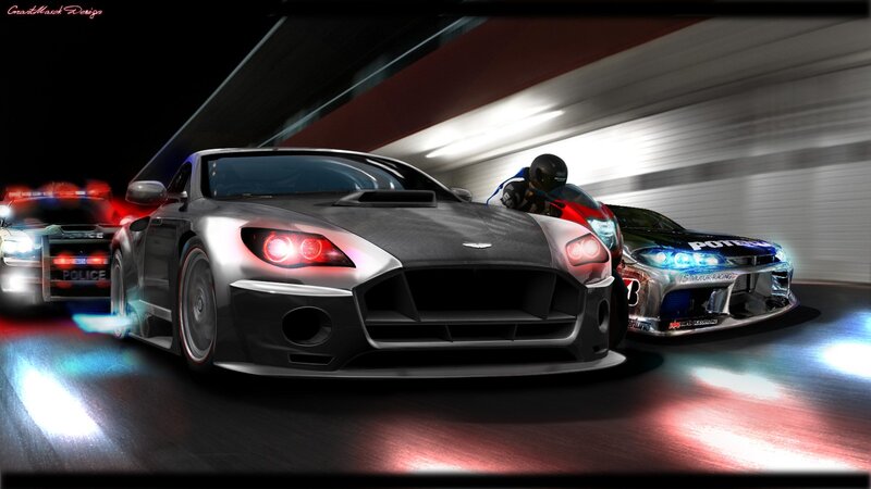 high-speed car chase at night