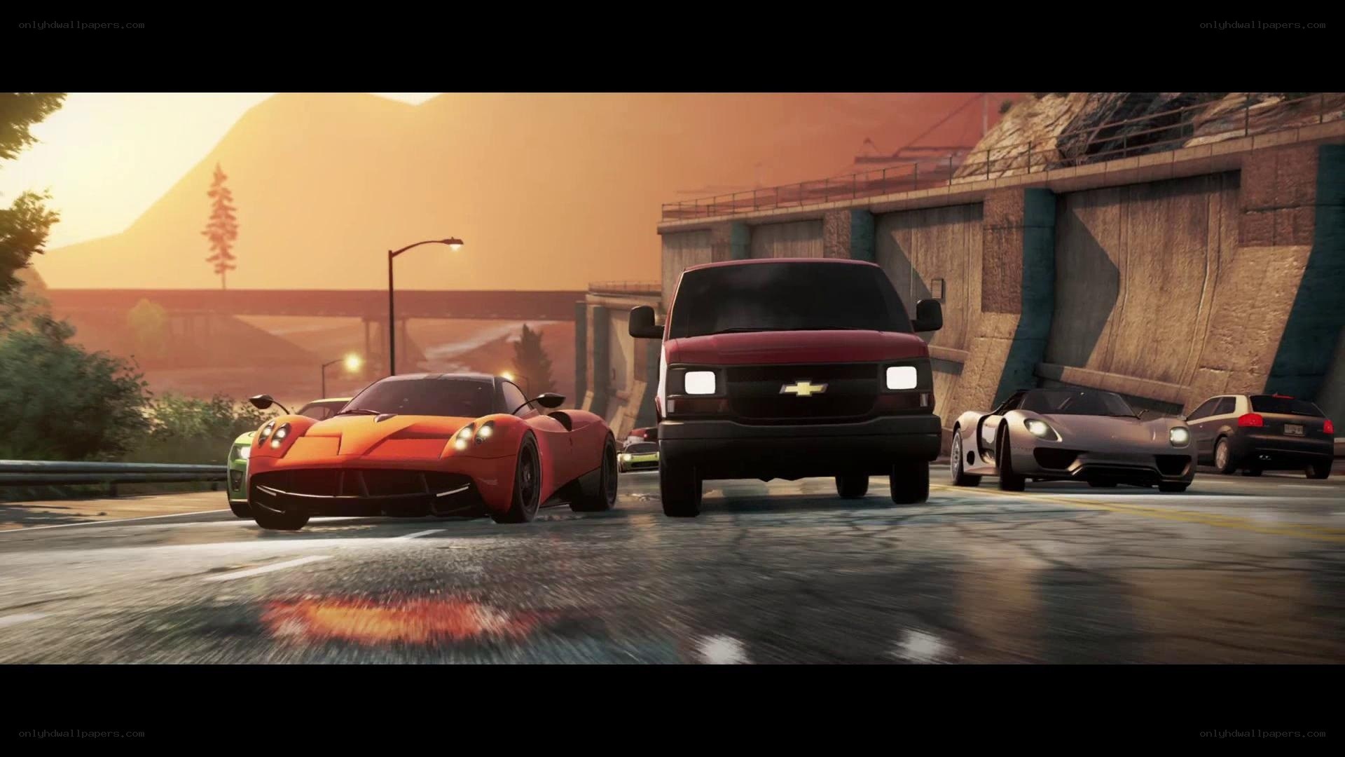 High-speed car chase at sunset