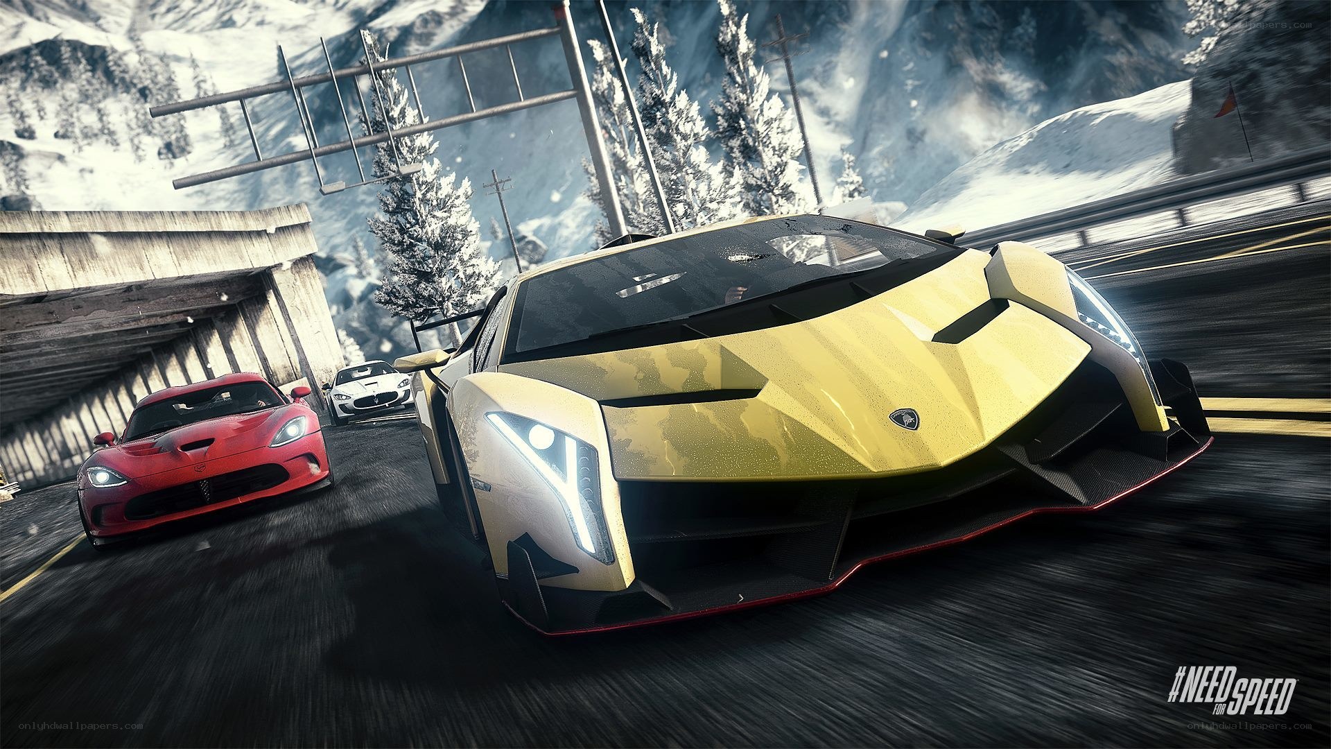 high-speed car chase in snow