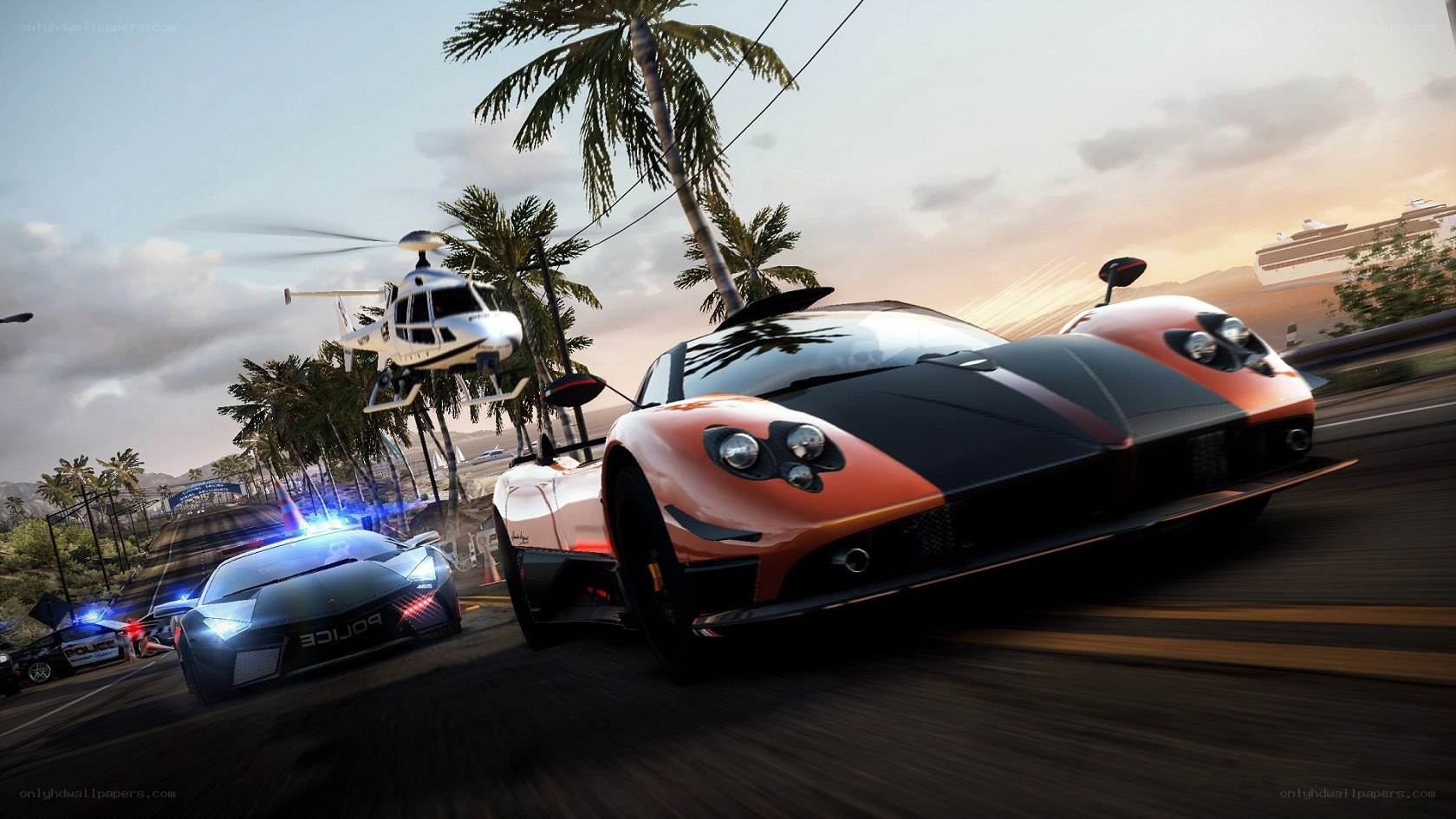 High-speed car chase in tropical setting