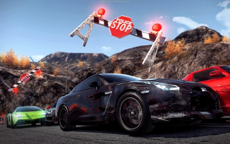 High-speed car chase with police barriers